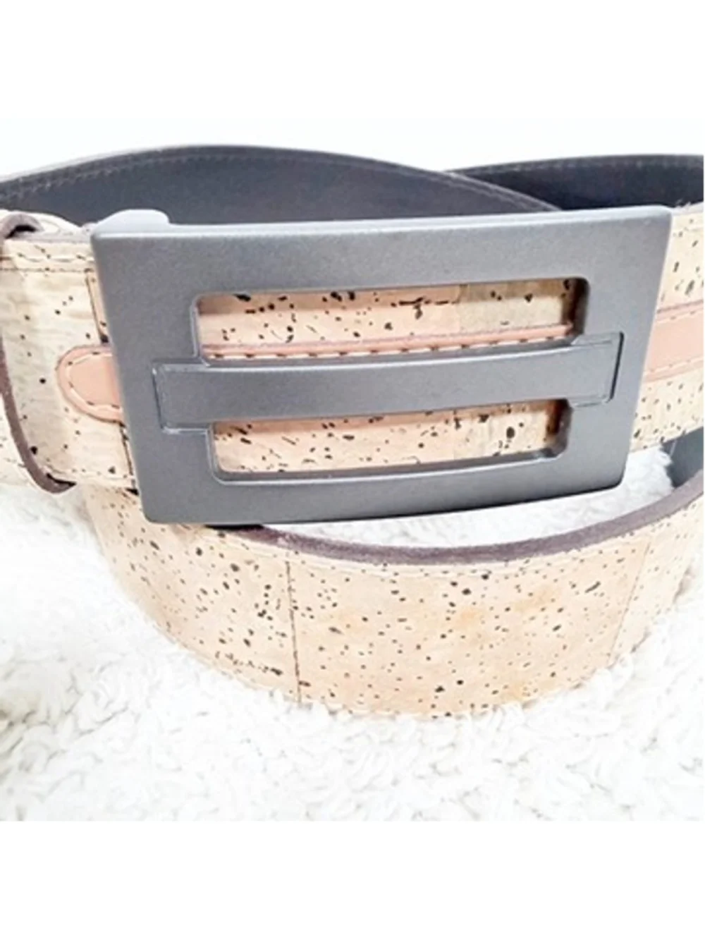 Natural Cork Leather Belt Double Bar Matte Metal Buckle France Made Mens 40